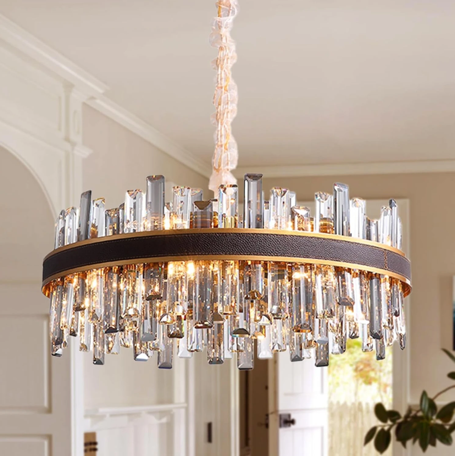 

Modern Crystal Chandelier inch Luxury Black Leather Wrapped Gold Chrome Metal Round Pendant Lighting, Crystal Chandeliers