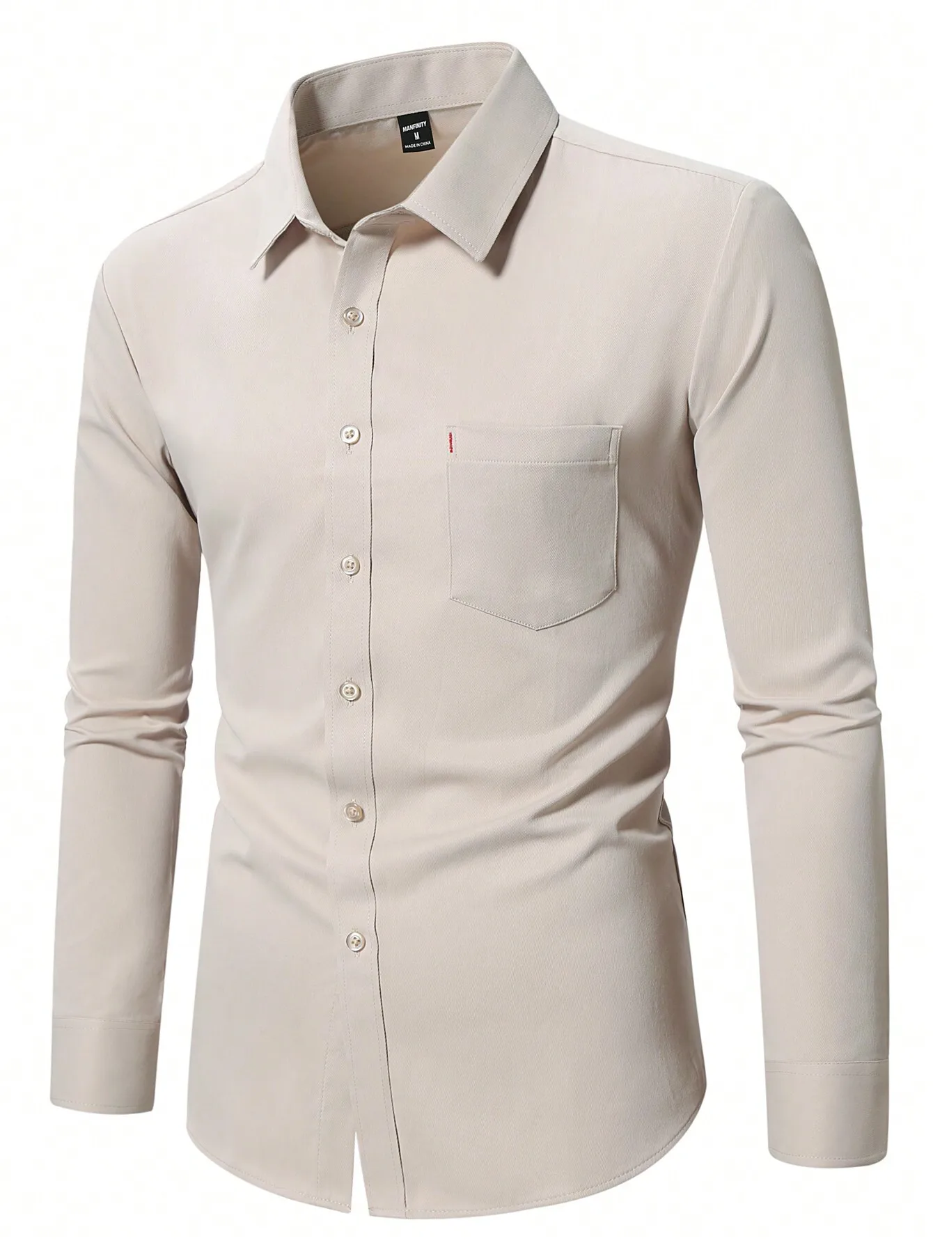 

Men's Beige Slim Fit Long Sleeve Button-Down Shirt with Chest Pocket