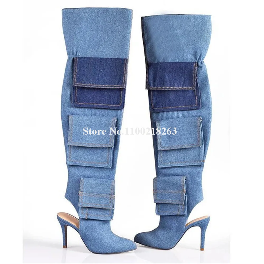 

Women Sexy Blue Denim Over Knee Loose Boots Pointed Toe Patchwork Pockets Decorated Stiletto Heel Cut-out Jean Boots