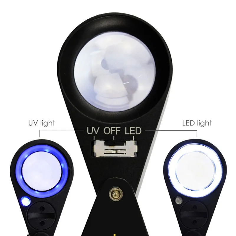 

U50 10X 20X 30X 40X Magnifier with 6 LEDs 7 UV Lights Jewelry Diamond Magnifying Glass Handheld Illuminated Folding Loupe