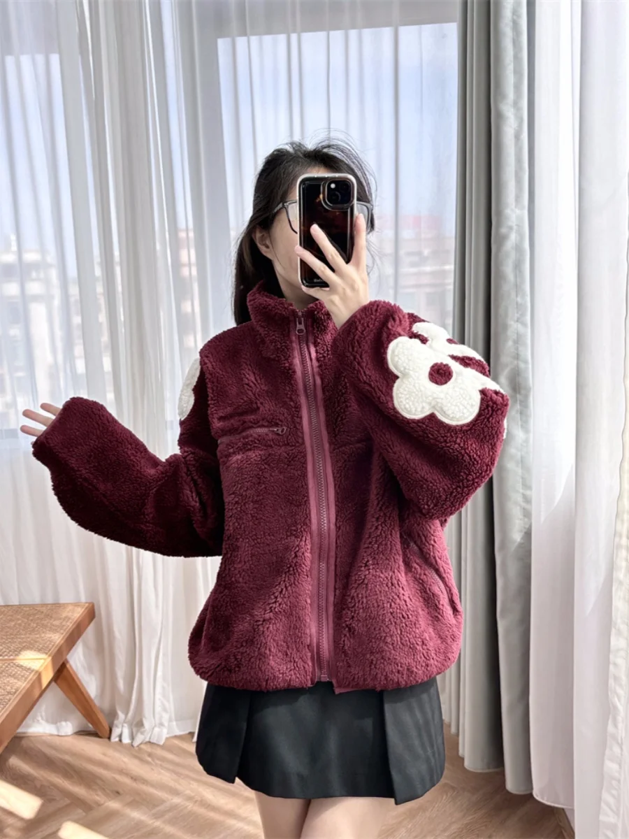 

Flower plush coat with cloth sticker, stand collar, red zipper, women's S home, 2024 autumn/winter European station new item