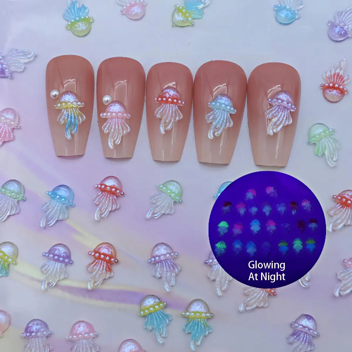 Set of 5/10/20 Mini Glow-in-the-Dark Resin Jellyfish Ornaments (Random Colors) – Suitable for DIY Nail Art and Accessories