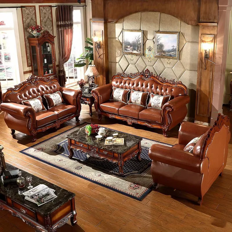 European-style First Layer Genuine Leather Sofa Combination Living Room Complete 123 American-sized Luxury  Carving Sofa ng28