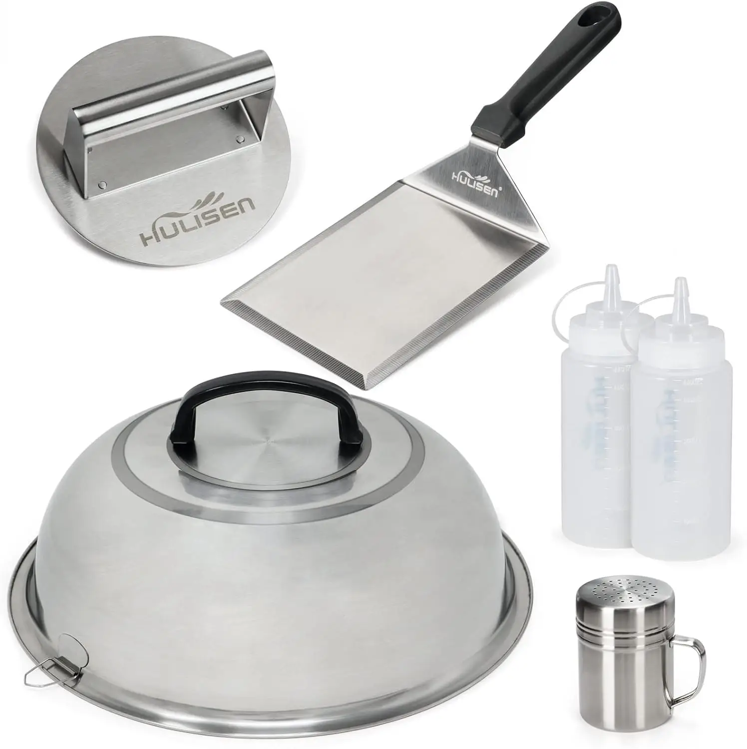 

12-Inch Burger Press Kit with Basting Cover, Spatula, Spice Shaker & Squeeze Bottles for Griddle Cooking