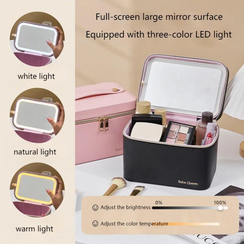 New LED Strip Light Mirror Makeup Storage Case, Portable Large-Capacity Professional Cosmetic Bag