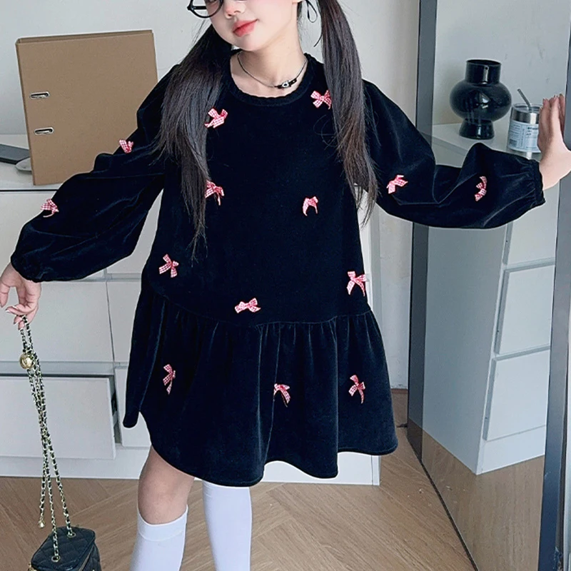 Girls\' Velvet Dress Spring and Autumn New Style Bow Sweet Cool Girls\' Black Velvet Dress Bottom Round Neck Christmas Festival