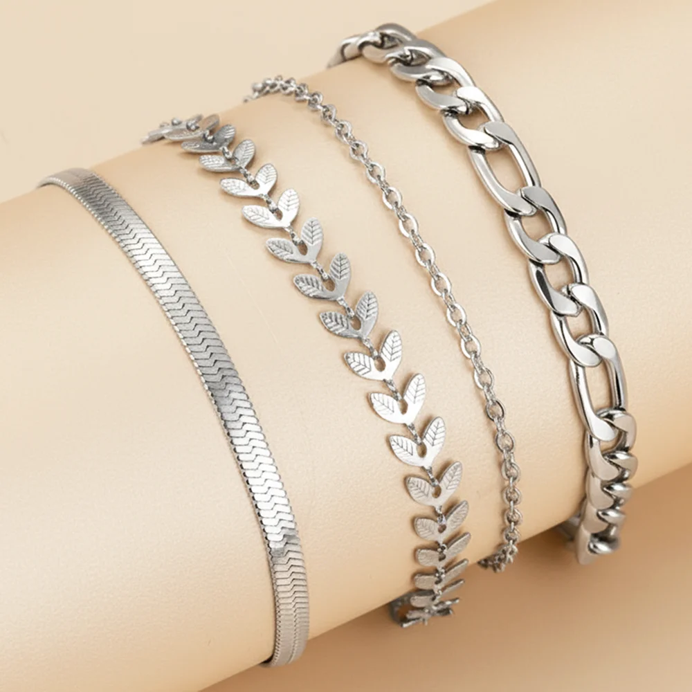 Stainless Steel Flat Snake Chain Punk Chain Minimalist Bracelet Layering Set Women's Fashion Commuter Wrist Jewelry Accessories