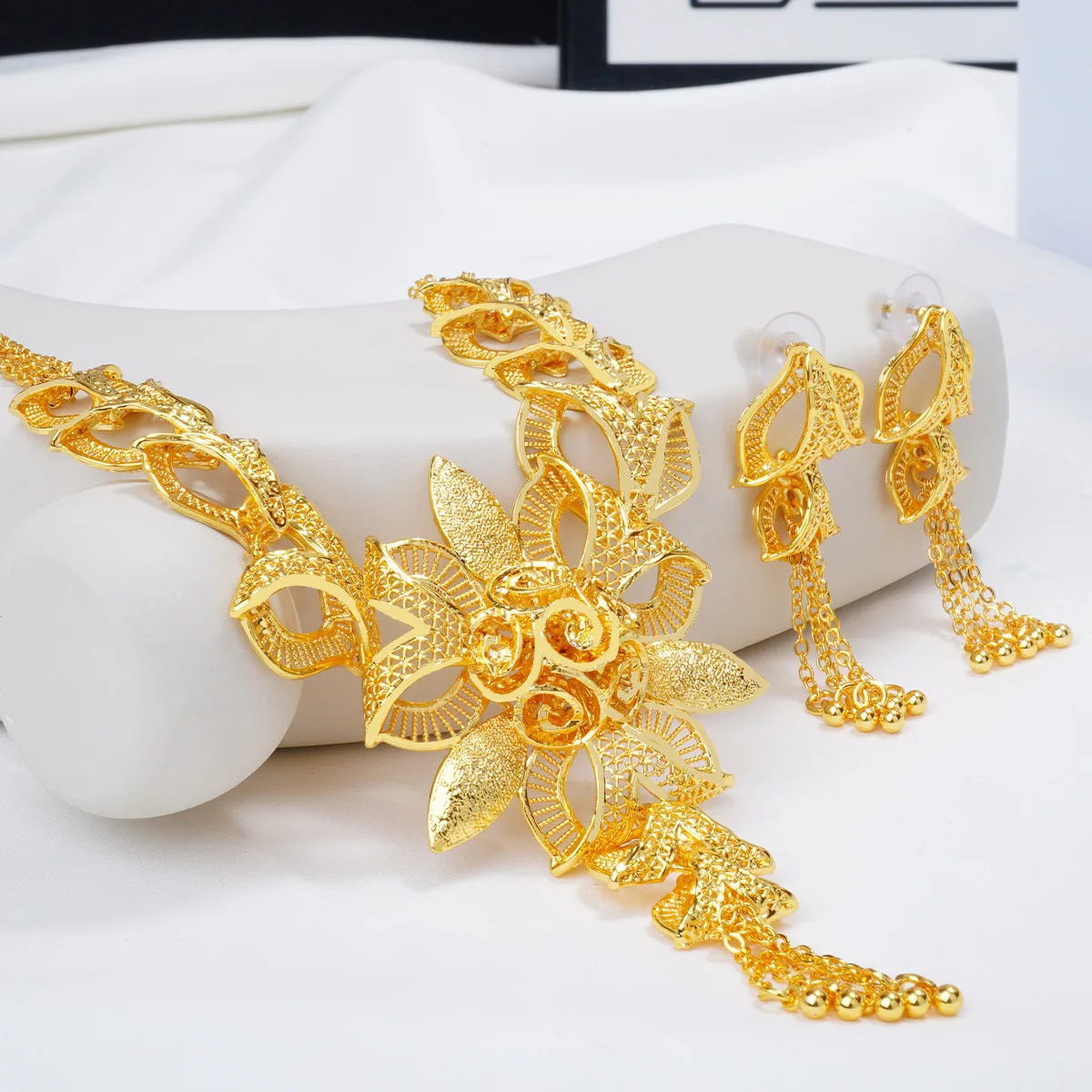 Luxury 24K 9999 Pure Gold real gold Women's Middle East New Flower Necklace Earrings Set
