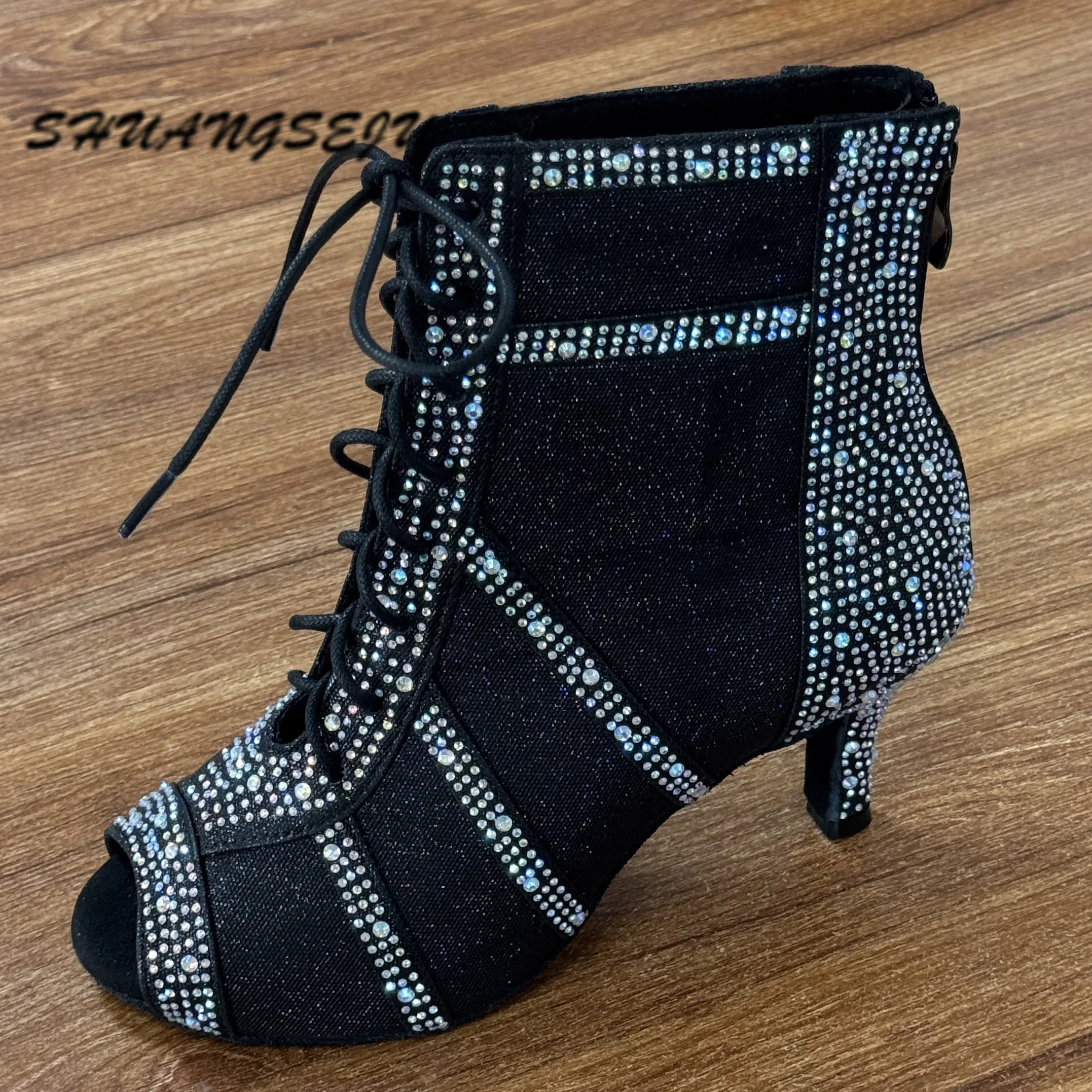 SHUANGSEJU Black Gretel Latin Dance Shoes High Top Heels Lace-up Sparkling Jazz Ankle Boots Bachata Performance Dancing Shoes