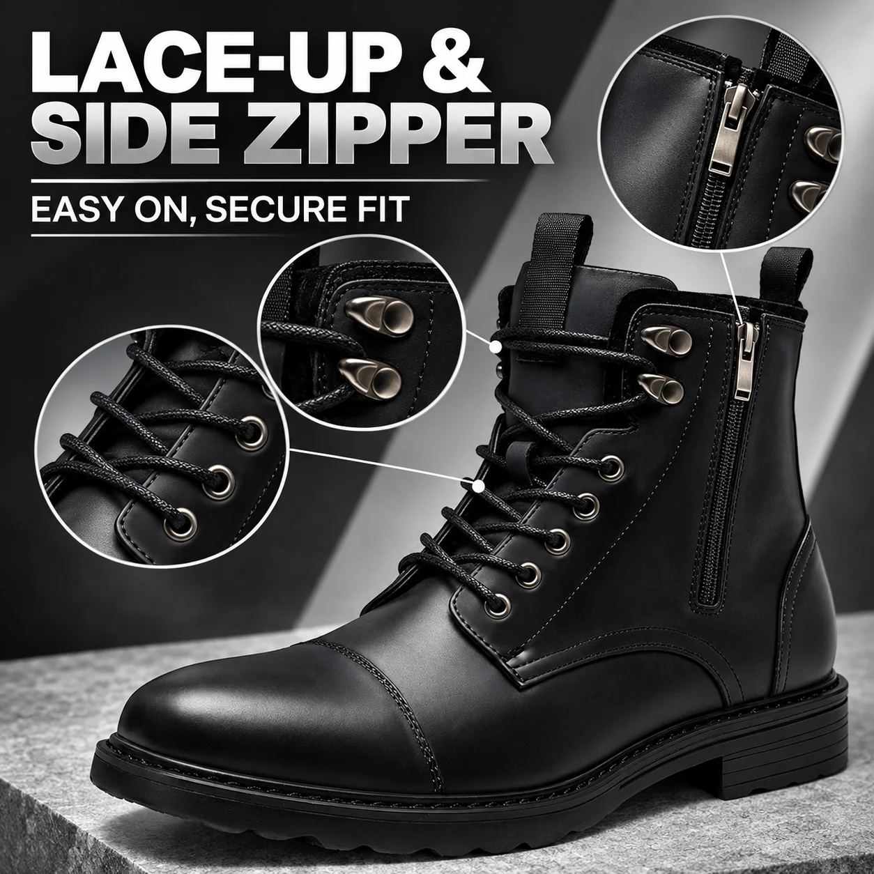 Men's Black PU Leather Ankle Boots Lace-Up Side Zipper Work Shoes Rugged Lug Sole Combat Boots Comfortable Outdoor Footwear