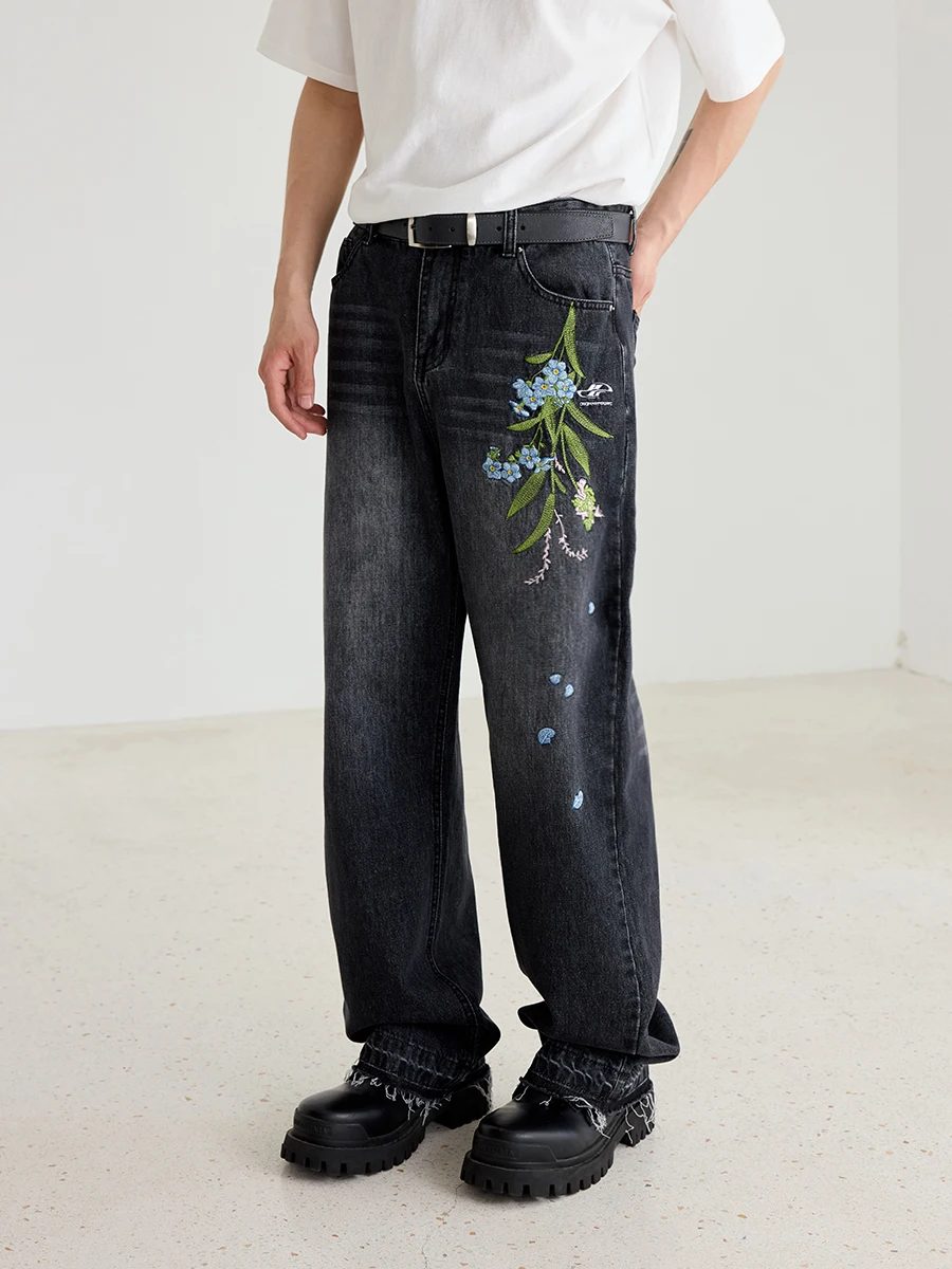 

Haranruel Cleanfit Floral Embroidery Jeans Loose Straight Leg Torn Hem American Retro Sle Long Pants for Young Men
