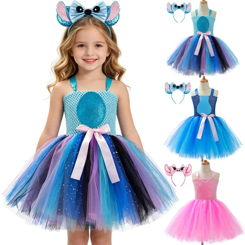 Girls Cartoon Monster Tutu Dress Sparkle Tulle Skirt With Ear Bow Headband Multi Color Kids Cos Halloween Party Fancy Dress ZZ12
