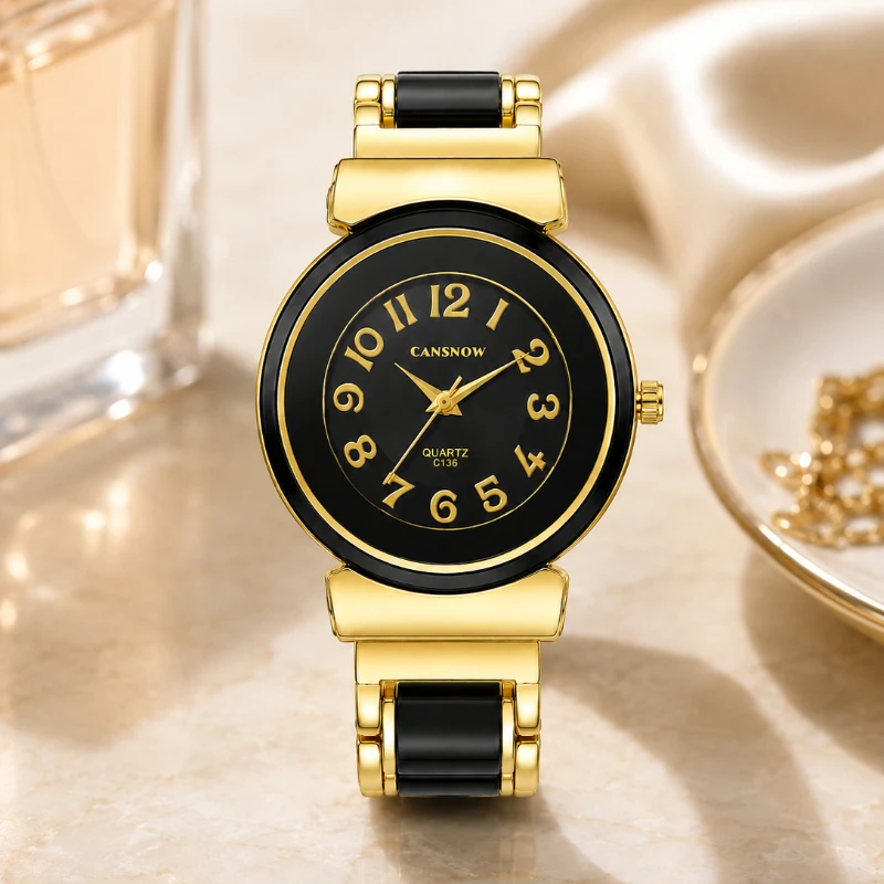 

Trendy Two-tone Alloy Women's Watches Round Big Digital Face Ladies Quartz Wristwatch Luxury Jewelry Gift Watch for Women Montre