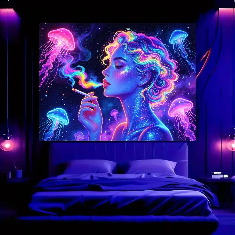 VIKAMA Neon Jellyfish Girl Tapestry, Rainbow Mist Starry Sky Jellyfish Polyester Wall Hanging, Bedroom Wall Decoration