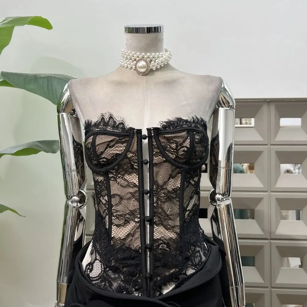 Elegant Mesh Lace Button Camisole Transparent Slim fit Lace Long Corset Flower Streetwear Suspender Vest Travel