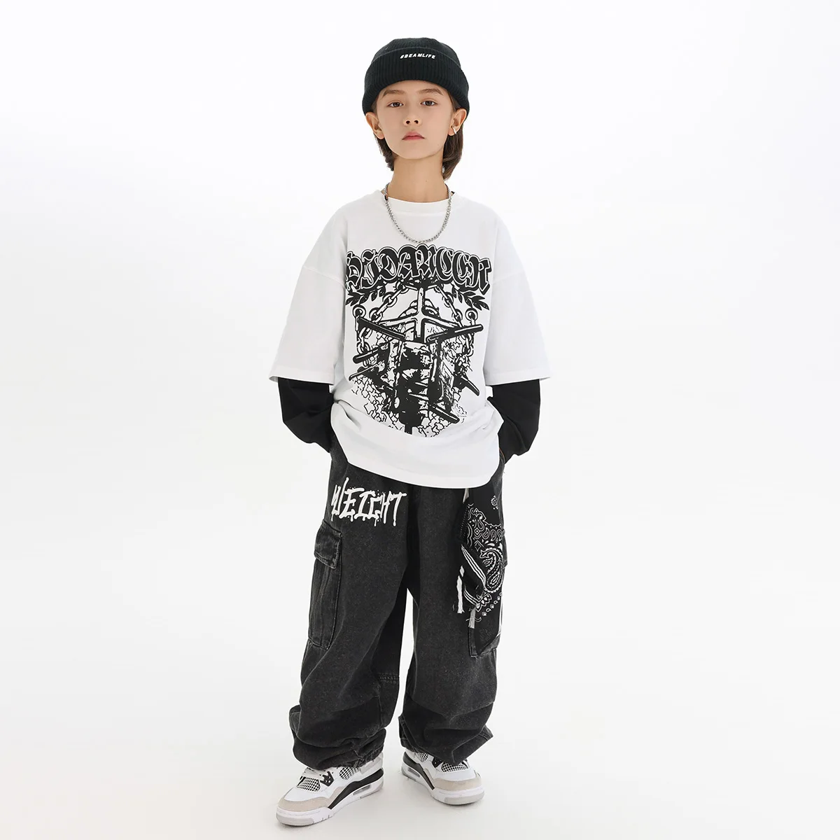 2025 novos meninos trajes de dança jazz solto impressão camiseta jeans crianças dança rua hip hop dança grupos trajes palco dn21859