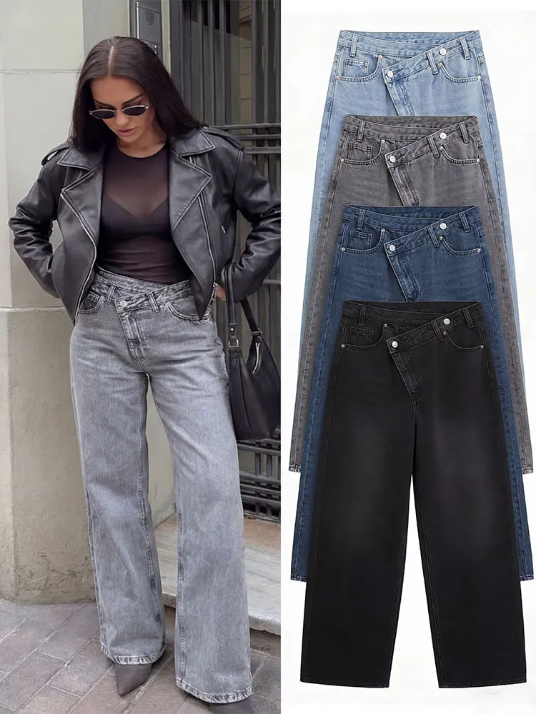 HH Women Multi Color Asymmetrical Waist Wide Leg Jeans High Waist Baggy Denim Pants For Casual Daily Wear Street Outings
