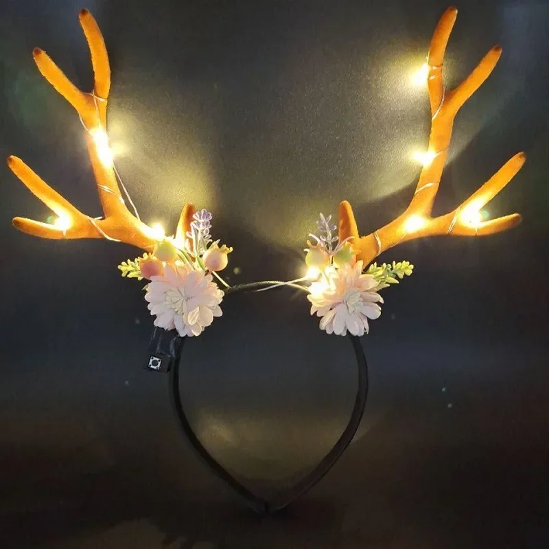 LED Light Up Fairy Flower Antlers Crown  Hair Floral Deer Headbands Cosplay Reindeer Ears Accessories  Navidad Wedding Festival