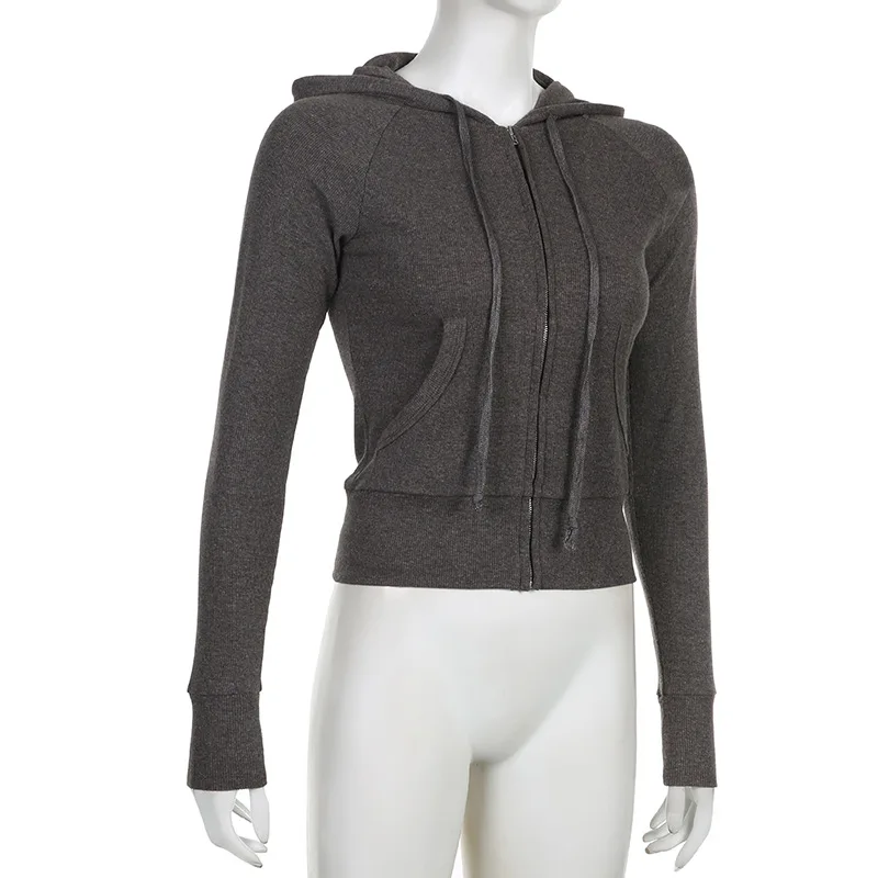 

Slim Ribbed Zipper Hoodies Woman Long Sleeve Hooded Sweatshirt Women Short Jacket Coat Solid Top Autumn Outerwear Streetwear