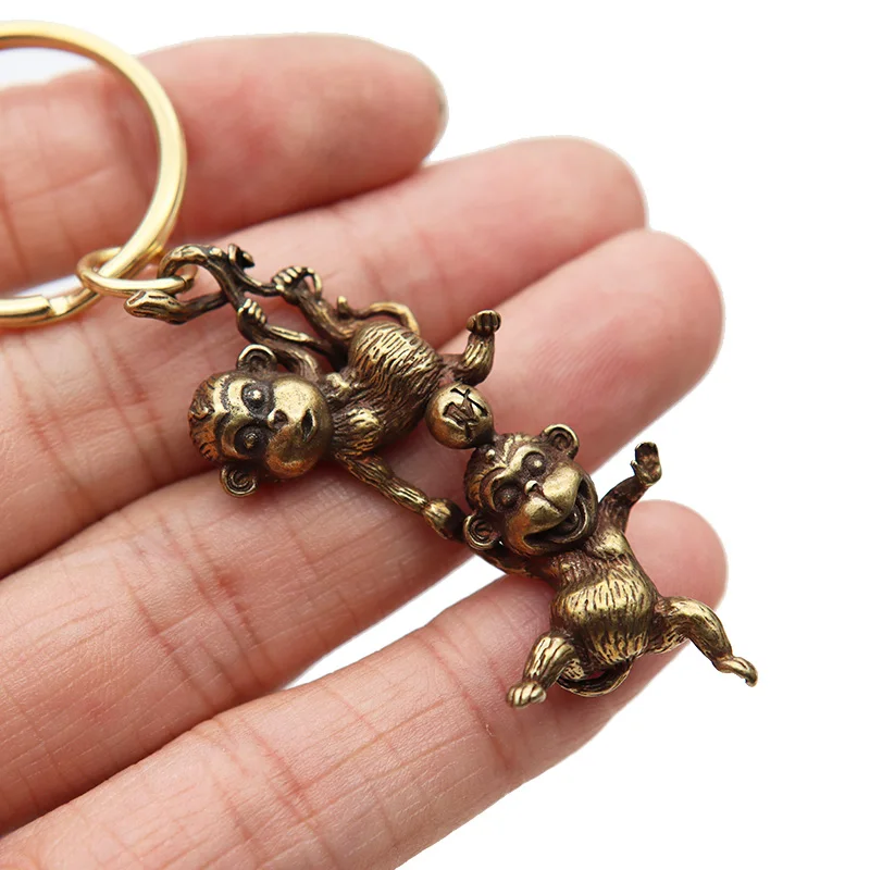 Antique Copper Monkey Figurines Keychain Pendant Lucky Cat Key Ring Hangings Jewelry Vintage Brass Cute Animal Funny Child Gifts