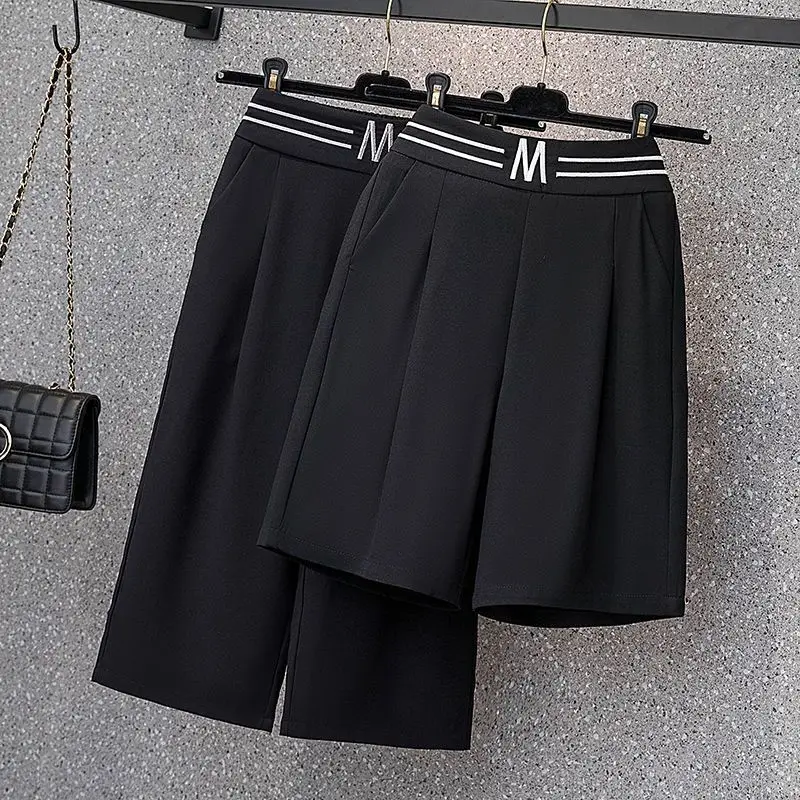 Calça elástica na cintura feminina no comprimento da panturrilha, roupa monocromática de verão, letra simplicidade, casual trimestral, extragrande, combina com tudo