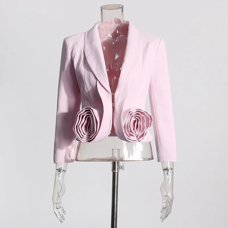 2024 Spring New Skirt Suit V-neck Stitching Three-Dimensional Rose Short Suit Jacket Pleated High Waist Skirt Two-Piece Suit