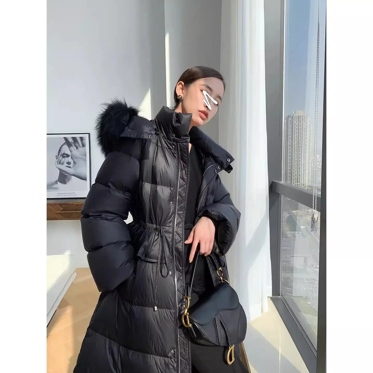 2024 Winter Luxury Natural Fox Fur Women Puffer Jacket Long Parkas 90% White Goose Down Coats Hooded Warm Rouched Waist Outwear