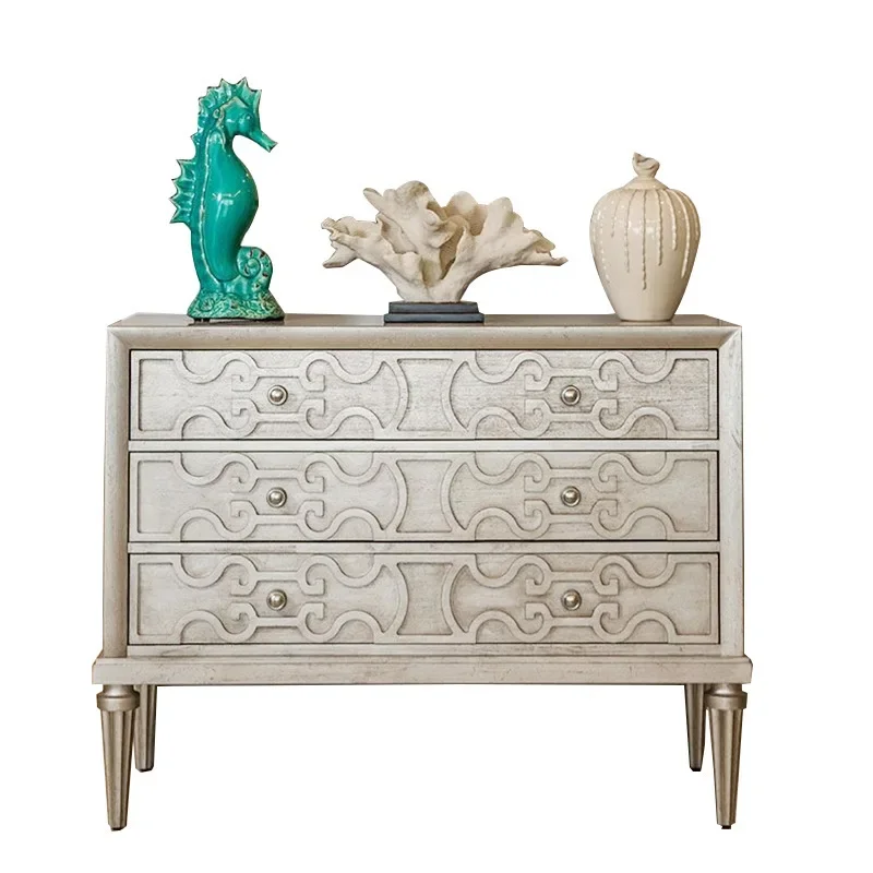 

Nordic light luxury door cabinet, living room solid wood three-bucket cabinet