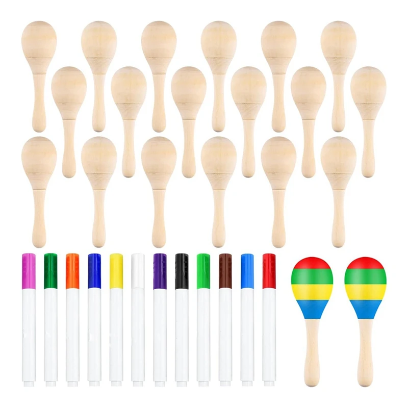 

20Pcs DIY Wooden Maracas For Kids, Mini Maracas For Mexican Fiesta Party Favors With 12Pcs Multicolor Pens, Party