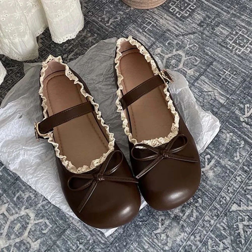 

Elegant PU Leather JK Flat Shoes Lace Ruffled Bow Slip On Loafers Soft Sole Sweet Casual Ballet Flats Girls