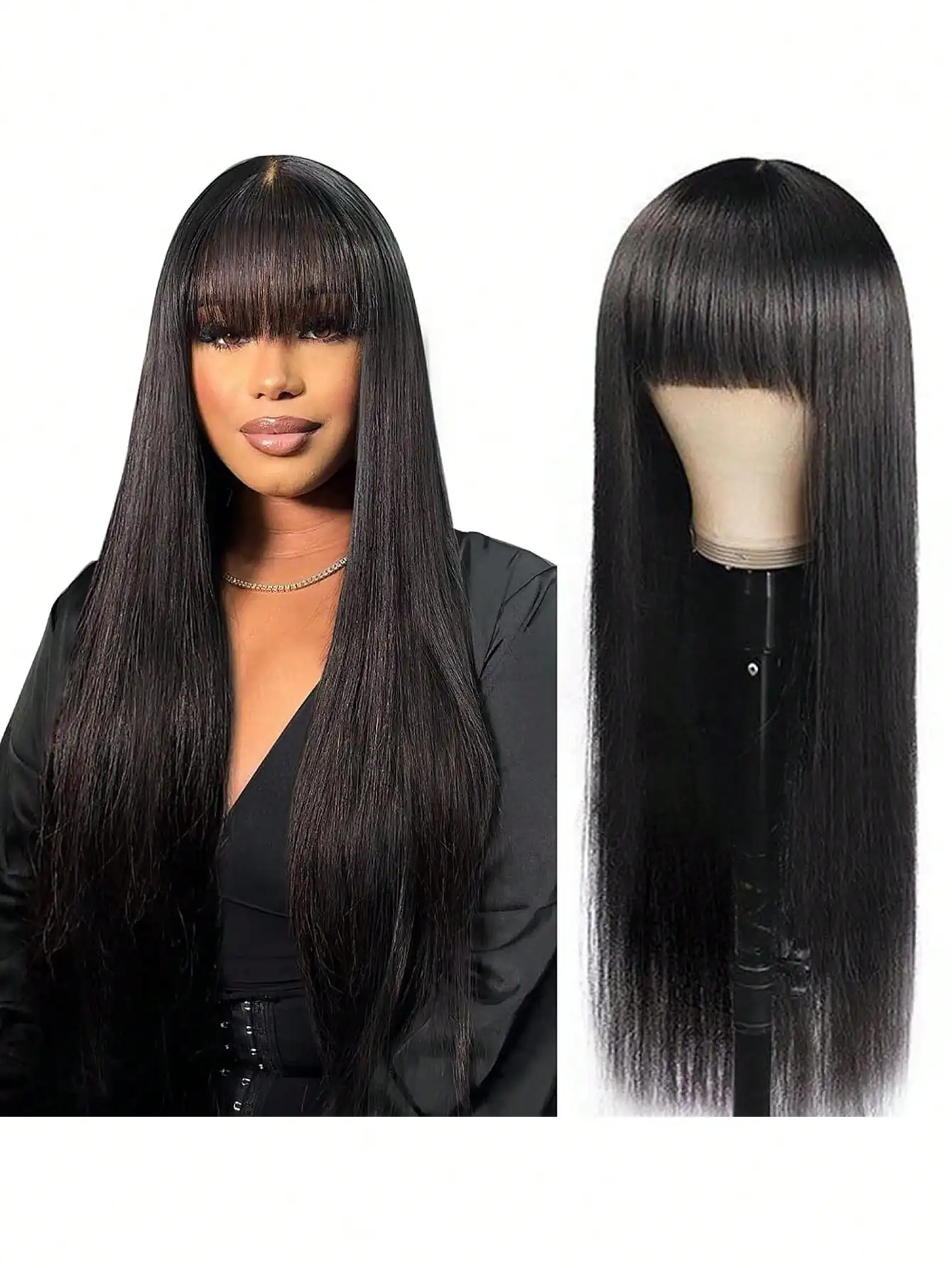 

4x4 Straight Wigs with Bangs Human Hair Wigs for Black Women 4x4 Lace Front Wigs 220% Density Brazilian Virgin Hair Glueless Wig