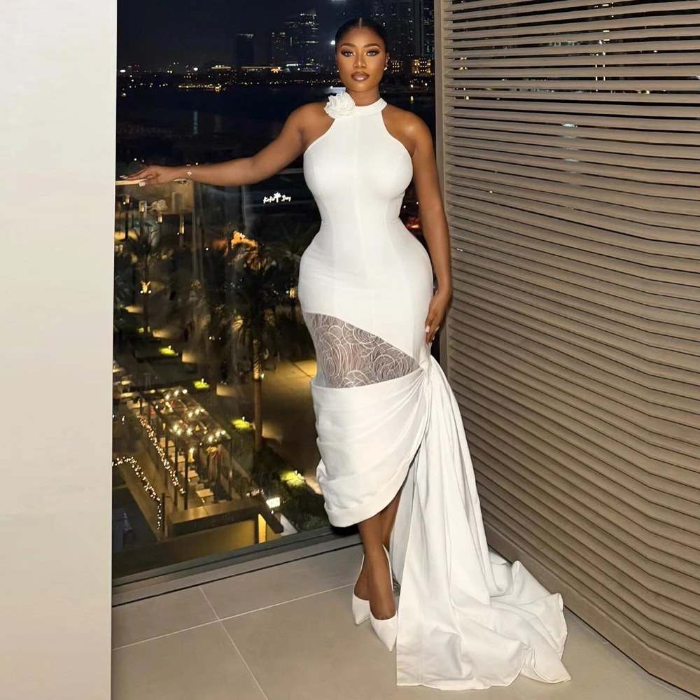 Customized Halter Patchwork Prom Dress White Mermaid Birthday Party Gown Ankle Length Formal Cocktail Dresses with Train