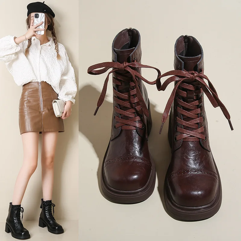 Britischer Stil Herbst/Winter Frauen Plattform Motorrads tiefel runde Zehen Schnür reiß verschluss dicke hochhackige moderne Stiefel Gothic Schuhe