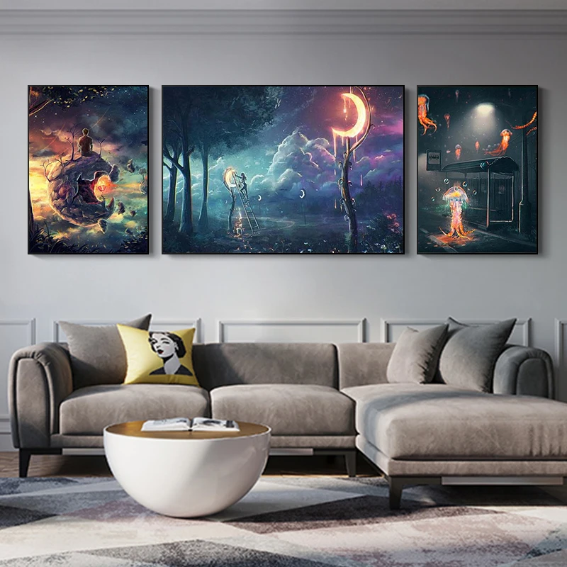 

Modern space canvas painting lonely astronaut sitting in space art wall poster bedroom home painting wall decoration cuadros