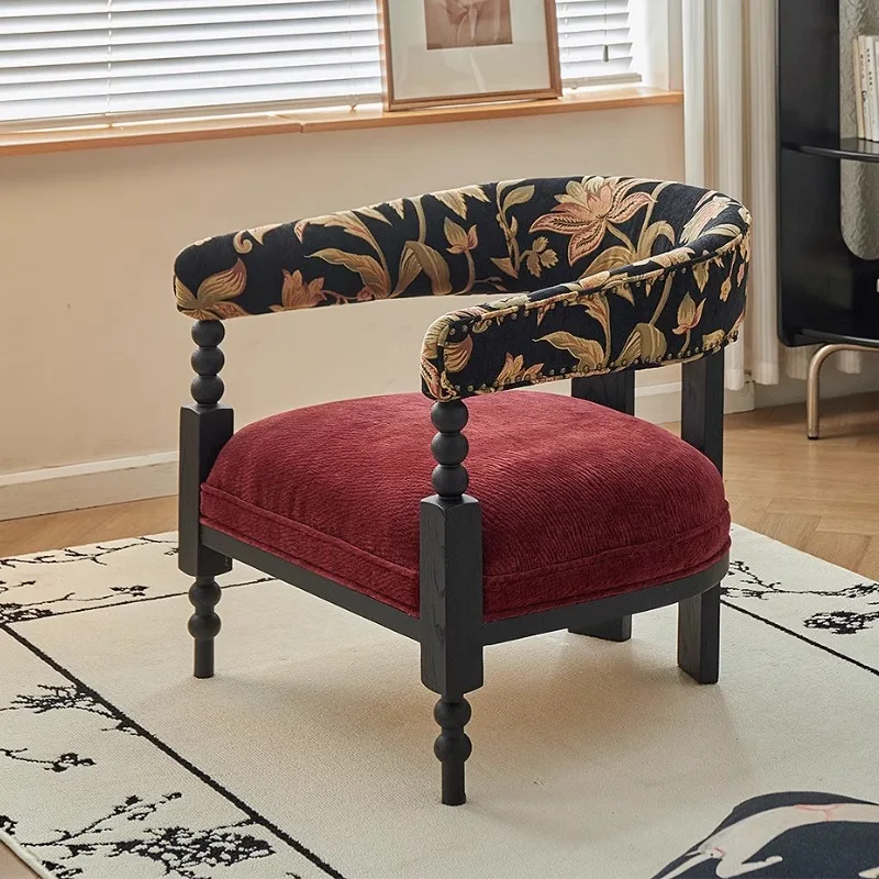 

French retro solid wood sofa chair living room fabric armchair hotel leisure chair