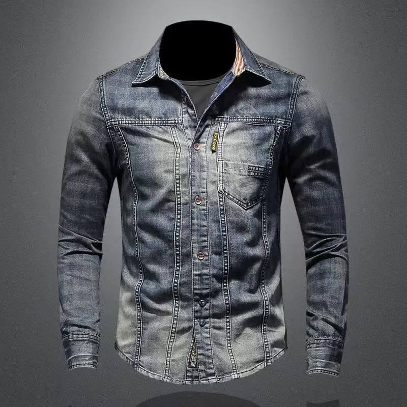 

2026 ABOORUN 2021 Men's Retro Patchwork Printedd Denim Shirts Hi Quality Long Sleeve Cotton Shirts for Male