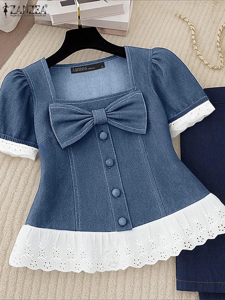 

ZANZEA, элегантная джинсовая блузка, женские летние топы с короткими рукавами и бантом, модные повседневные кружевные рубашки с квадратным воротником 2025, однотонные блузки