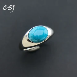 CSJ Vintage Natural Turquoise Rings 925 Silver Sterling Gems Oval 8*10mm for Women Party Christmas Birthday Jewelry Gift