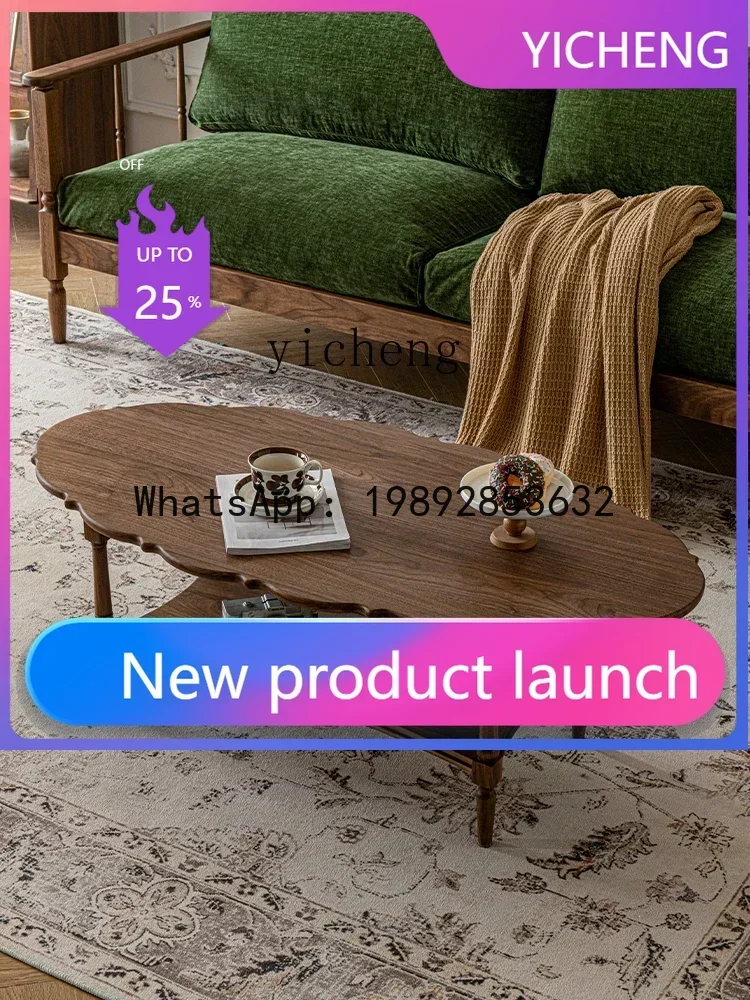 

A3-6 Coffee Table Vintage Solid Wood Oval Double-Layer Low Table Living Room Home Small Apartment Tea Table