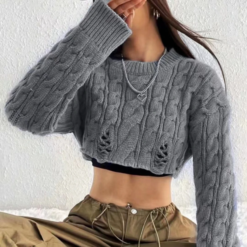 เสื้อสเวตเตอร์ครอปถักไหมพรมแฟชั่นผู้หญิง แขนยาว คอกลม ทรงบิดเกลียว สไตล์เซ็กซี่ เอวสูง สำหรับฤดูใบไม้ร่วงและฤดูหนาว