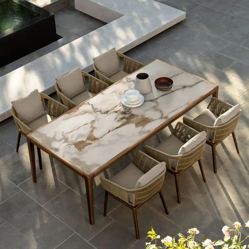 Outdoor slate tables, chairs, courtyards, indoor and outdoor gardens, solid wood rattan rope combination furniture