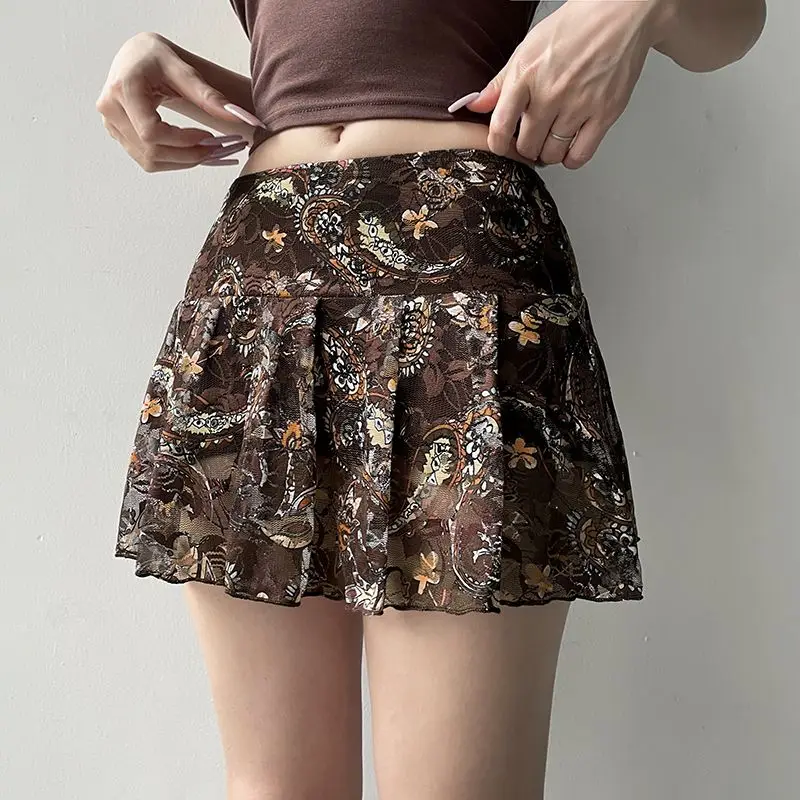 Short Skirt Mesh Print Brown Lace Y2K Vintage Aesthetic Cashew Women Chic Low Waist Skirts Slim Was Thin Mini Skirt