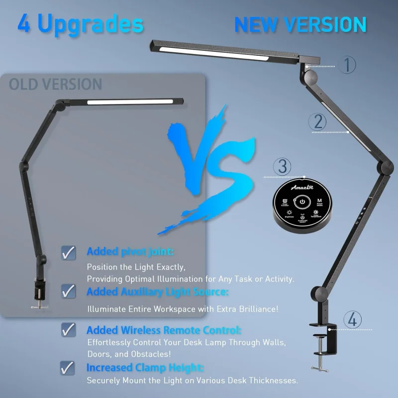 Desk lamp with clip, eye protection swing arm, stepless dimming, adjustable color temperature, memory function