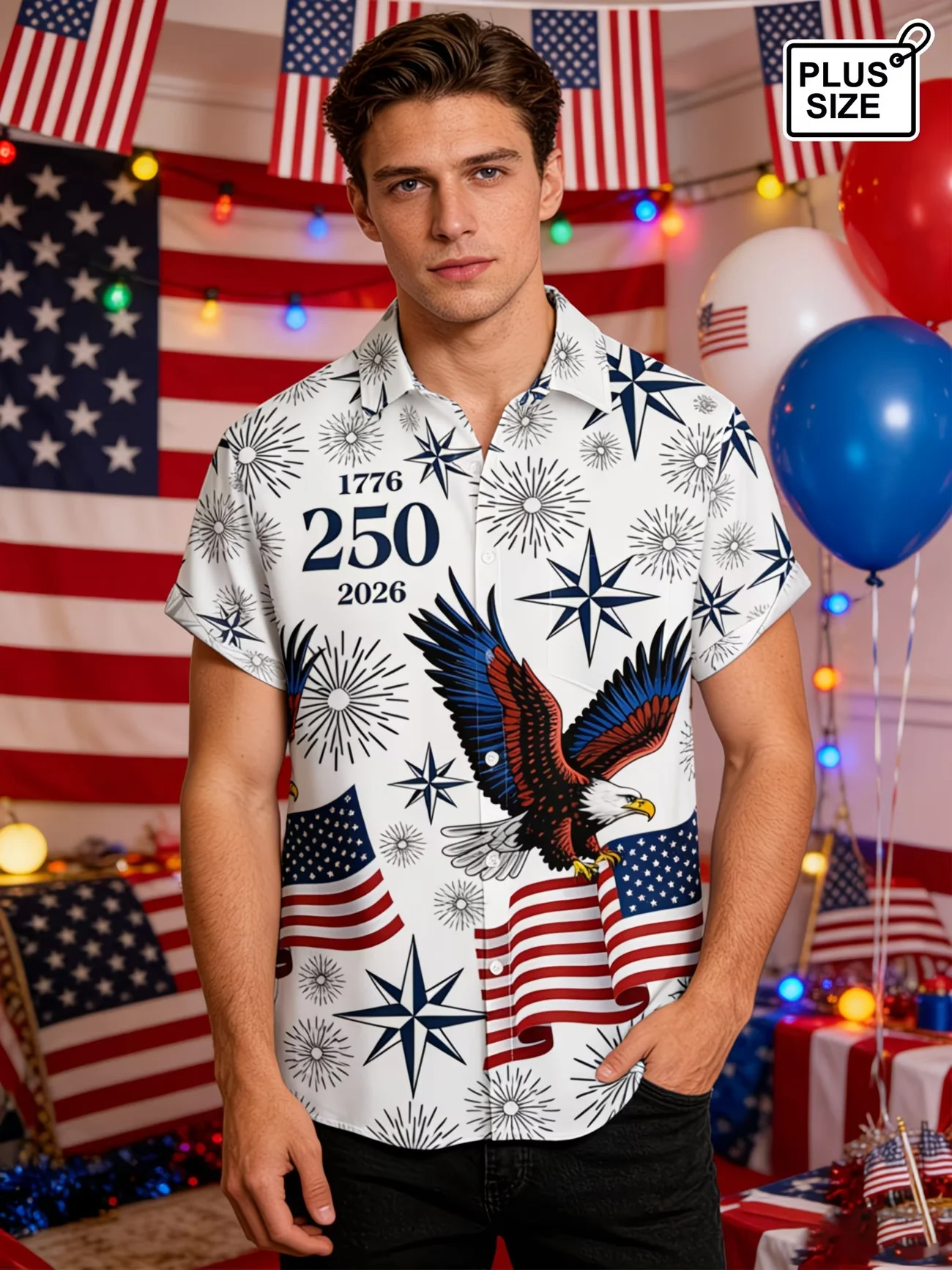 Mens 1776 2026 250 Years Of Freedom US Patriotic Eagle Print Short Sleeve Button Down Hawaiian Shirt Plus Size