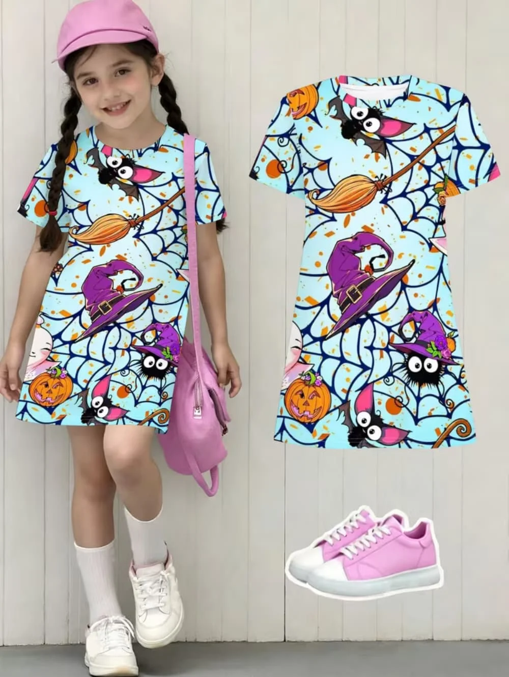 Halloween Dress for Girls Kids Short Sleeve Dress Ghost Pumpkin Spider Printed Cute Cartoon Round Neck Dress Party Girl Clothes