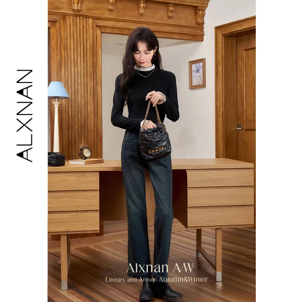 ALXNAN Dark Blue Straight Jeans Women 2026 Autumn Vintage Wide Leg Cropped Pants Fashion Elegant Denim Baggy Pants L50218-1