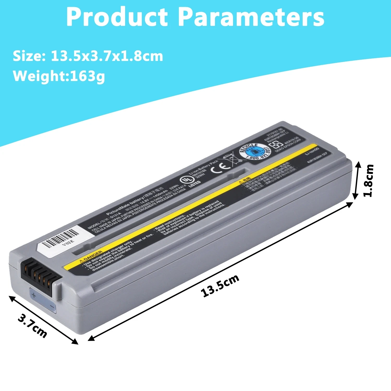 1450mAh D121A Battery for Epson Picture Mate Charm PM 225, PM200, Snap PM240, Snap PM240, Snap PM240, PM280, PM290