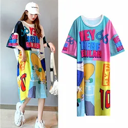 Maxi Summer Women Dresses Cartoon Letters Print Long Tees Ladies Short-sleeve Streetwear Oversize Loose Vestidoes Dresses NS102