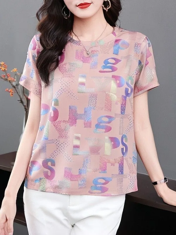 

Loose Short Sleeve Mommy Style T-Shirt Women's Fashionable Letter Print Top Youthful Spring Brightness Casual Elderly Women
