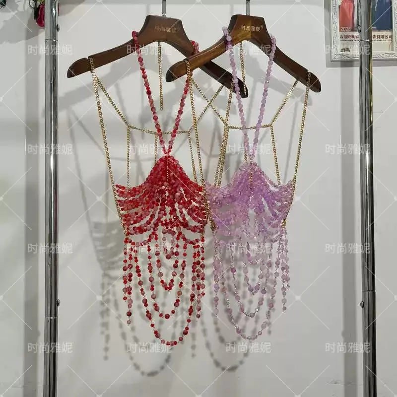Colorful Pearl Hot Girl Body Chain Cover Hanging Around The Neck, Paired With Beaded Top, Hot Girl Beaded Strapless